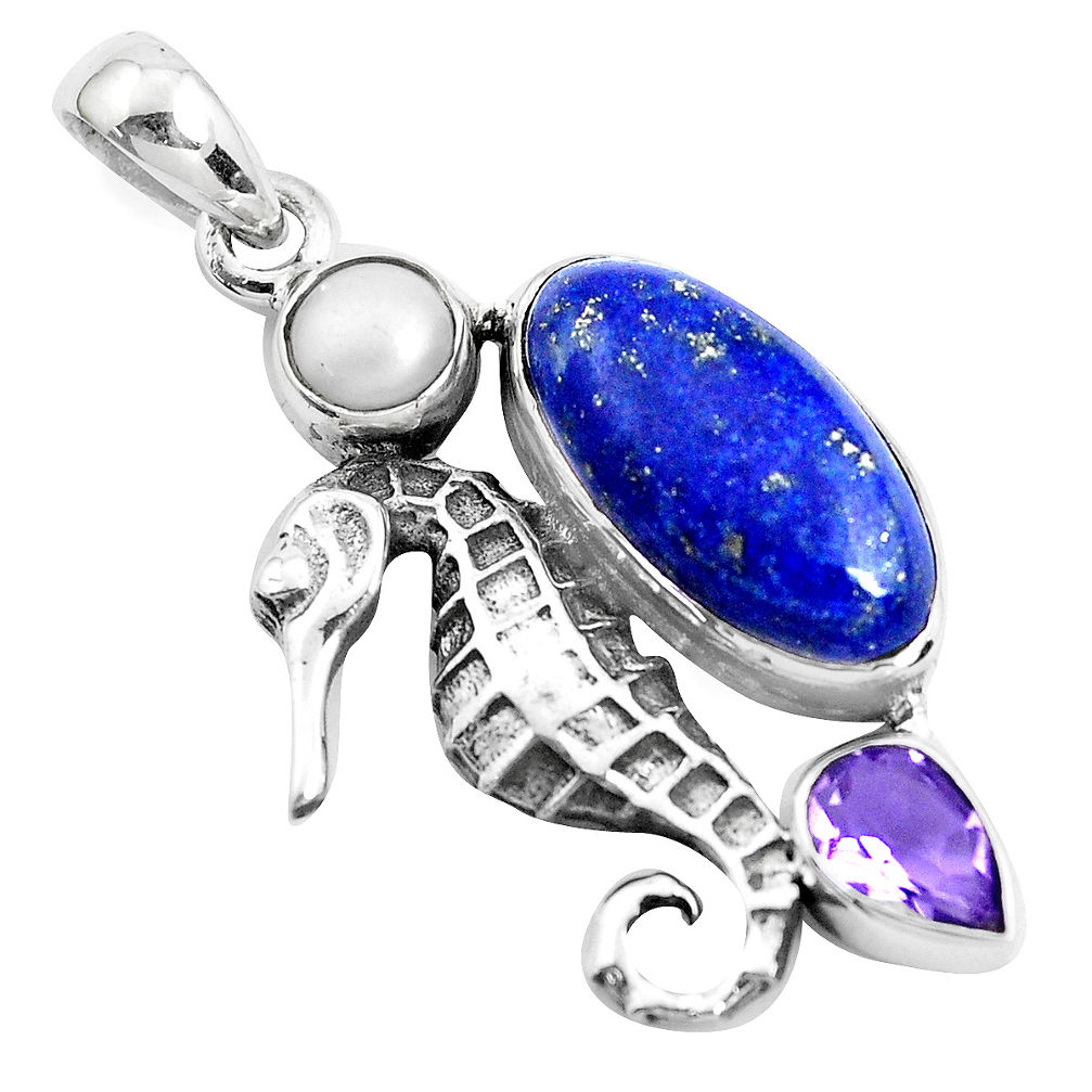 925 silver 11.02cts natural blue lapis lazuli amethyst seahorse pendant p42111