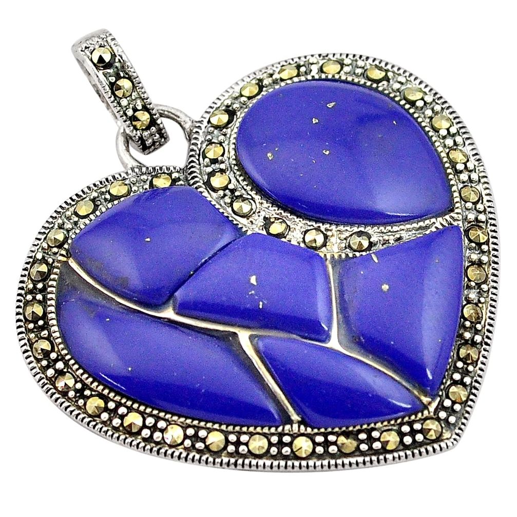 925 silver 15.82cts natural blue lapis lazuli marcasite heart pendant c4411