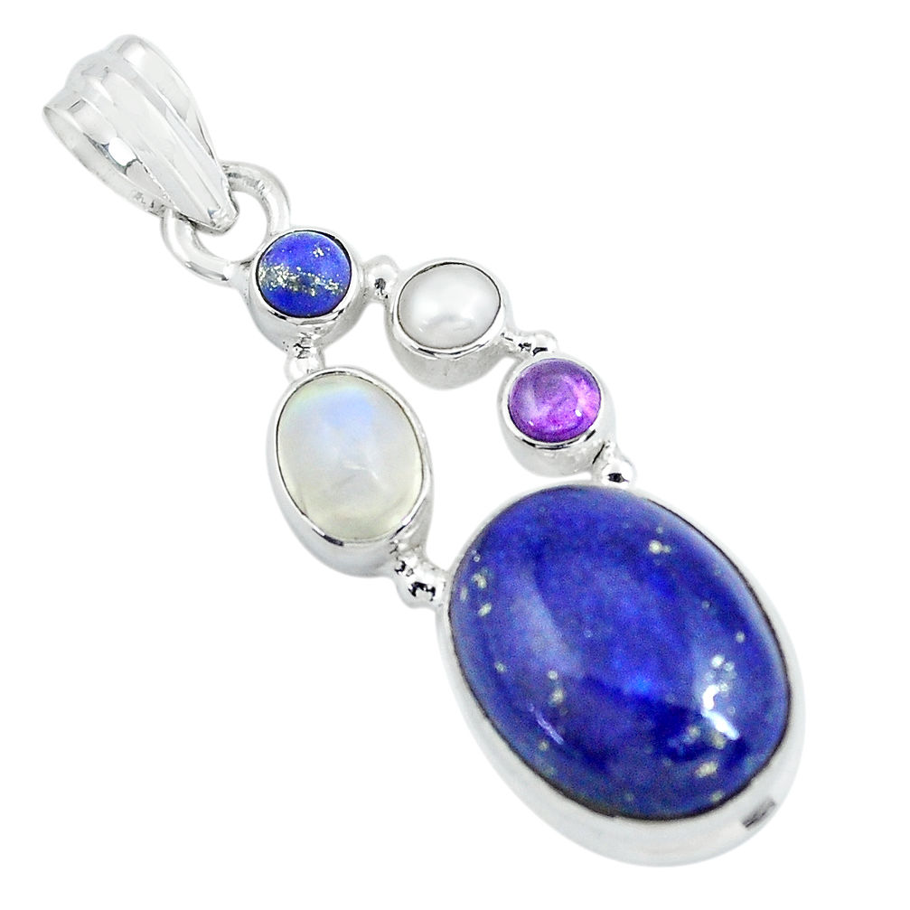 925 silver 14.63cts natural blue lapis lazuli moonstone pearl pendant p64356