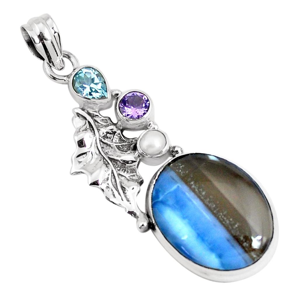 925 silver 17.67cts natural blue owyhee opal amethyst feather pendant p49525