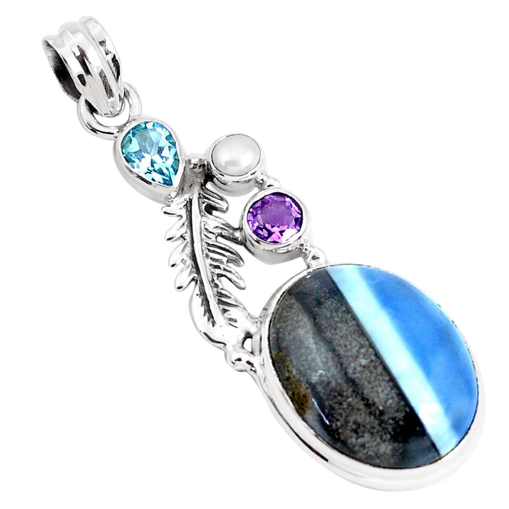 925 silver 16.92cts natural blue owyhee opal amethyst feather pendant p49535