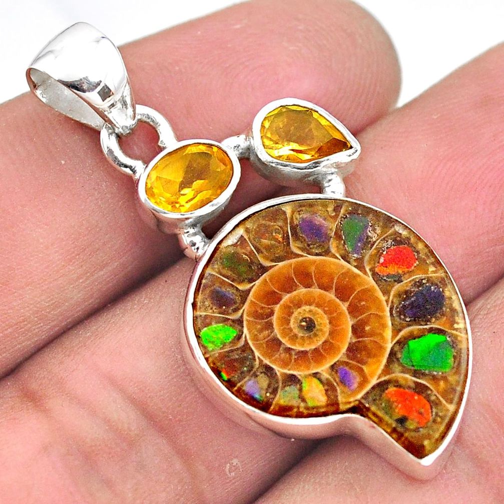 925 silver 15.05cts natural brown ammolite in ammonite citrine pendant p84510