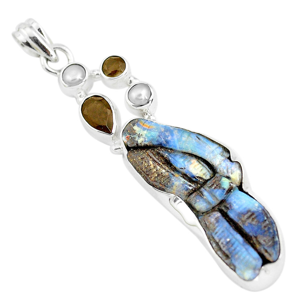 925 silver 23.11cts natural brown boulder opal carving pearl pendant p38669