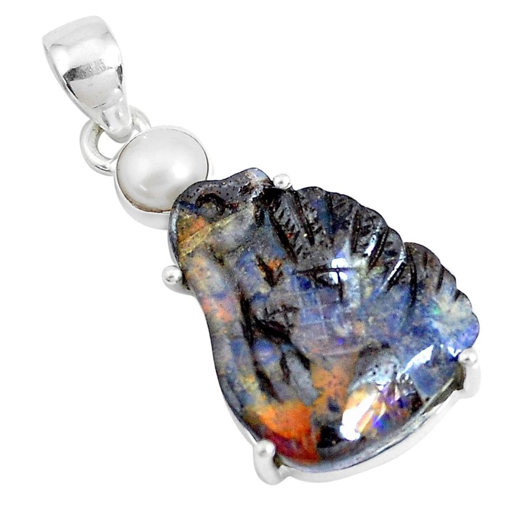 925 silver 19.29cts natural brown boulder opal carving pearl pendant p46531