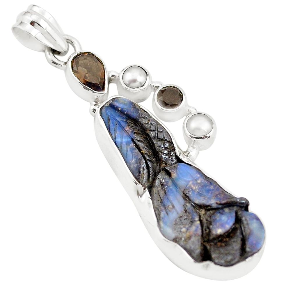 925 silver 21.48cts natural brown boulder opal carving pearl pendant p59269