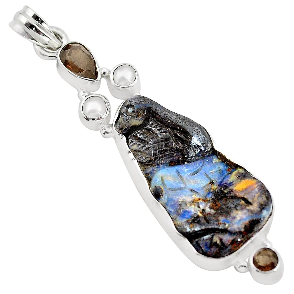 925 silver 28.30cts natural brown boulder opal carving pearl pendant p59274