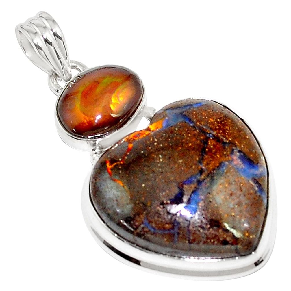 925 silver 30.97cts natural brown boulder opal mexican fire agate pendant p76273