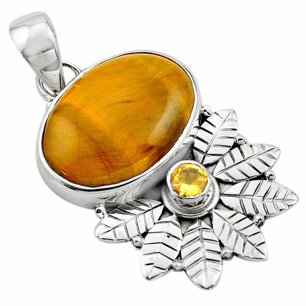 925 silver 13.27cts natural brown tiger's eye oval deltoid leaf pendant p84673