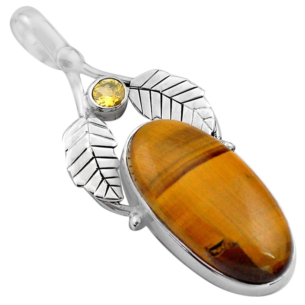 925 silver 15.36cts natural brown tiger's eye oval deltoid leaf pendant p84771