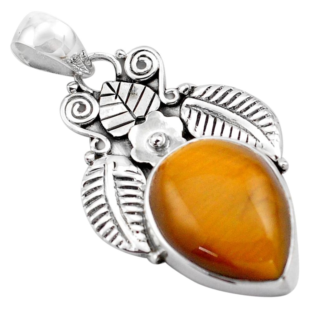 925 silver 13.77cts natural brown tiger's eye pear deltoid leaf pendant p84688