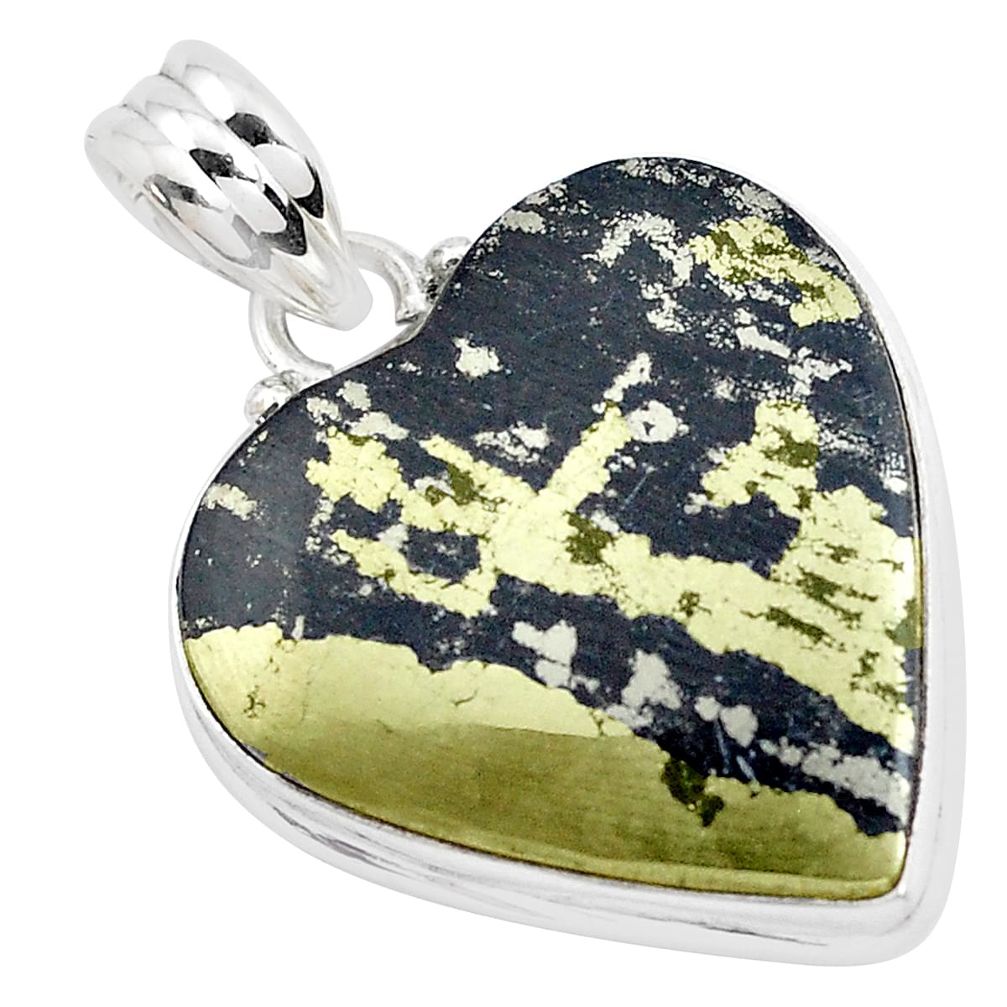 925 silver 22.02cts natural golden pyrite in magnetite heart pendant p40471