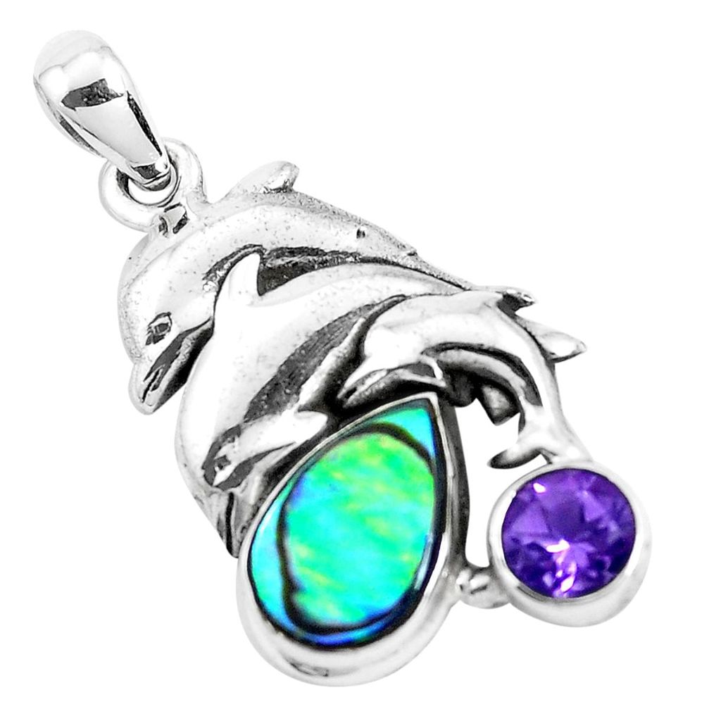 925 silver 5.52cts natural green abalone paua seashell dolphin pendant p42088