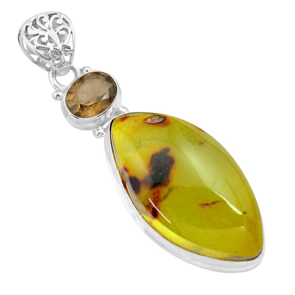 925 silver 21.29cts natural green amber from colombia smoky topaz pendant p71897