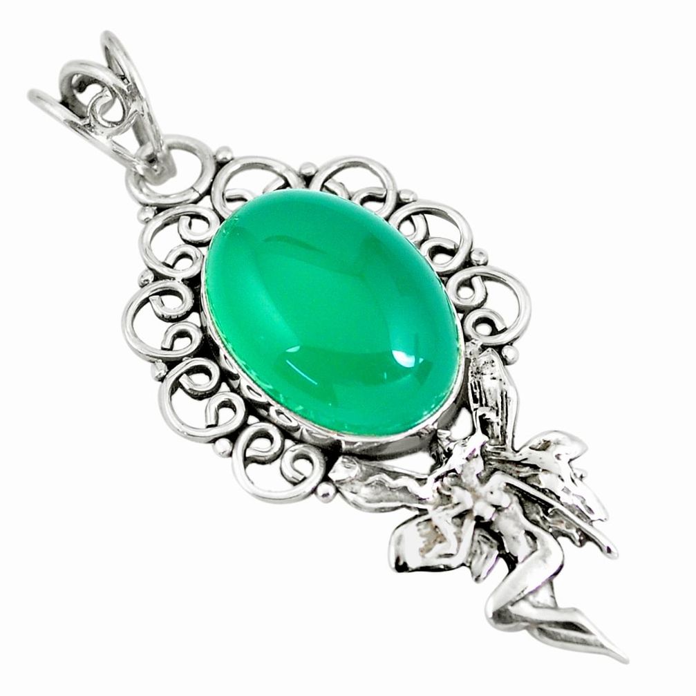 925 silver 13.77cts natural green chalcedony angel wings fairy pendant p59764