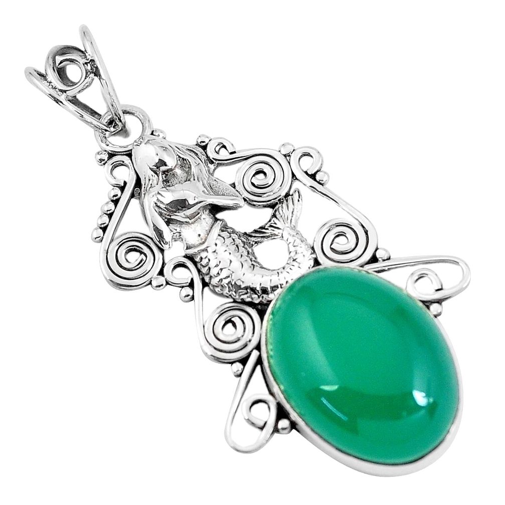 925 silver 14.21cts natural green chalcedony oval fairy mermaid pendant p59868