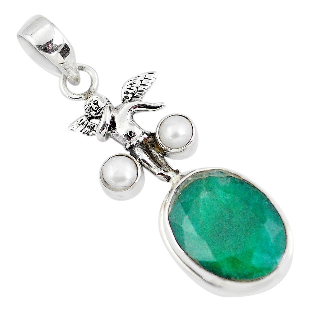 925 silver 15.76cts natural green emerald pearl angel wings fairy pendant p56787