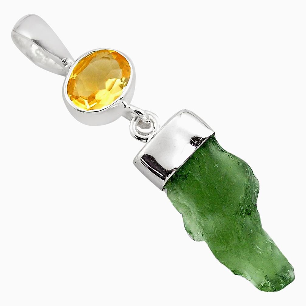 925 silver 8.35cts natural green moldavite (genuine czech) fancy pendant p87127