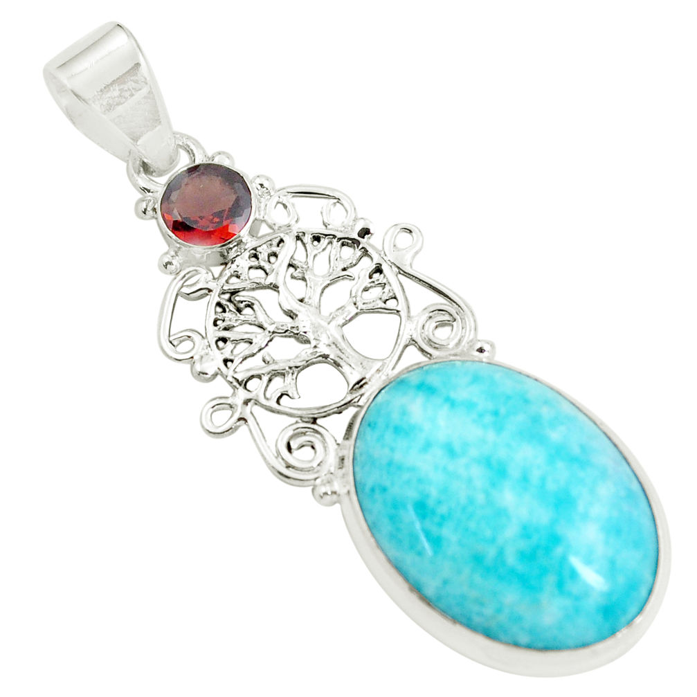 925 silver 18.45cts natural green peruvian amazonite red garnet pendant d31755