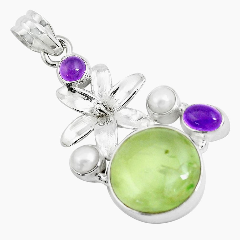 925 silver 21.67cts natural green prehnite amethyst pearl flower pendant d31030