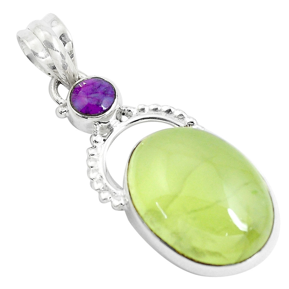 925 silver 19.23cts natural green prehnite copper turquoise round pendant d31029