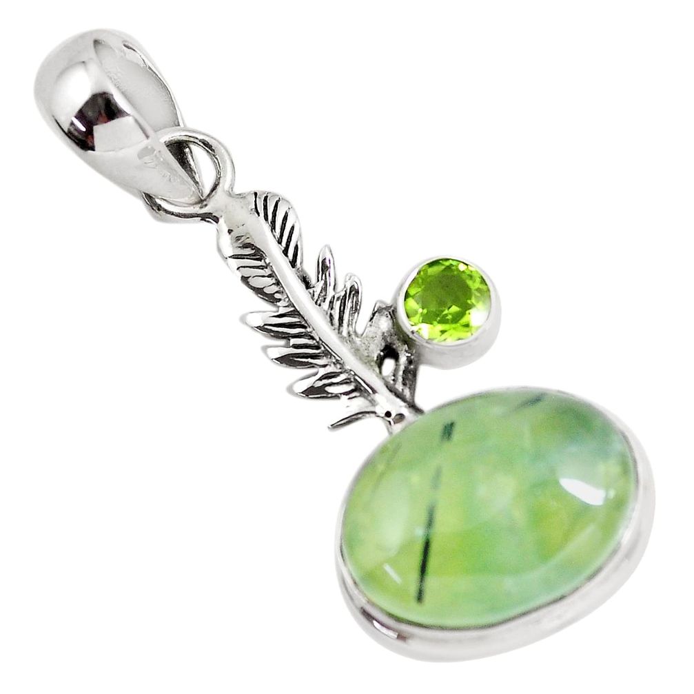 925 silver 10.41cts natural green prehnite peridot feather charm pendant p55184