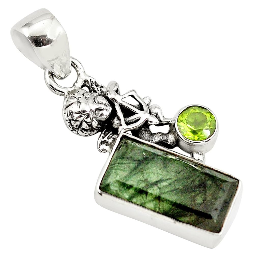 925 silver 7.54cts natural green rutile peridot cupid angel wings pendant p79506