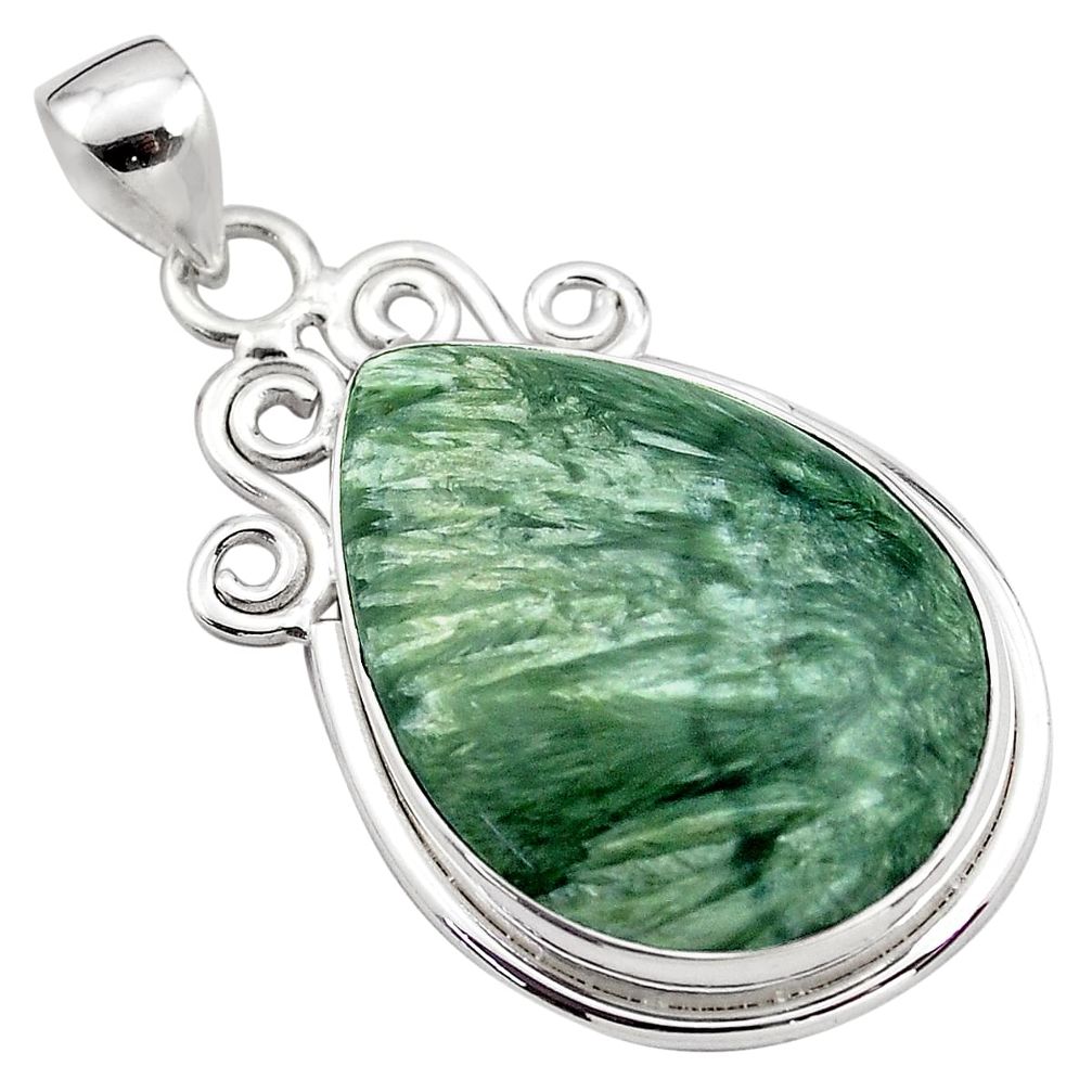 925 silver 22.44cts natural green seraphinite (russian) pear pendant p85144