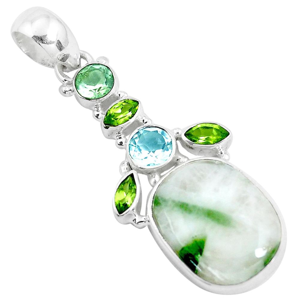 925 silver 16.94cts natural green tourmaline in quartz peridot pendant d31146