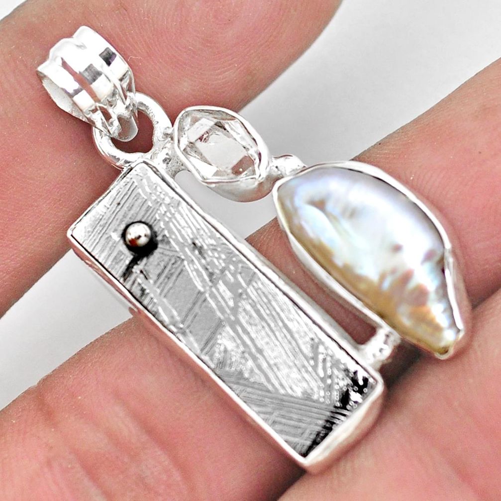 925 silver 16.65cts natural grey meteorite gibeon biwa pearl pendant p54564