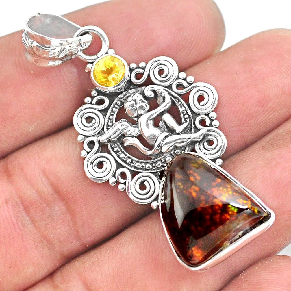 925 silver 12.65cts natural mexican fire agate cupid angel wings pendant p53970