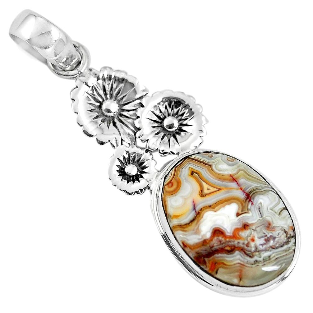 925 silver 15.16cts natural mexican laguna lace agate oval flower pendant p55069