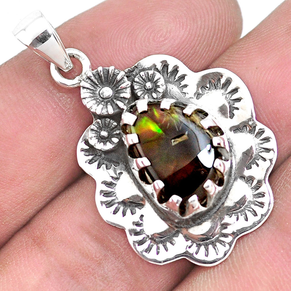 925 silver 6.26cts natural multi color ammolite (canadian) flower pendant p42146