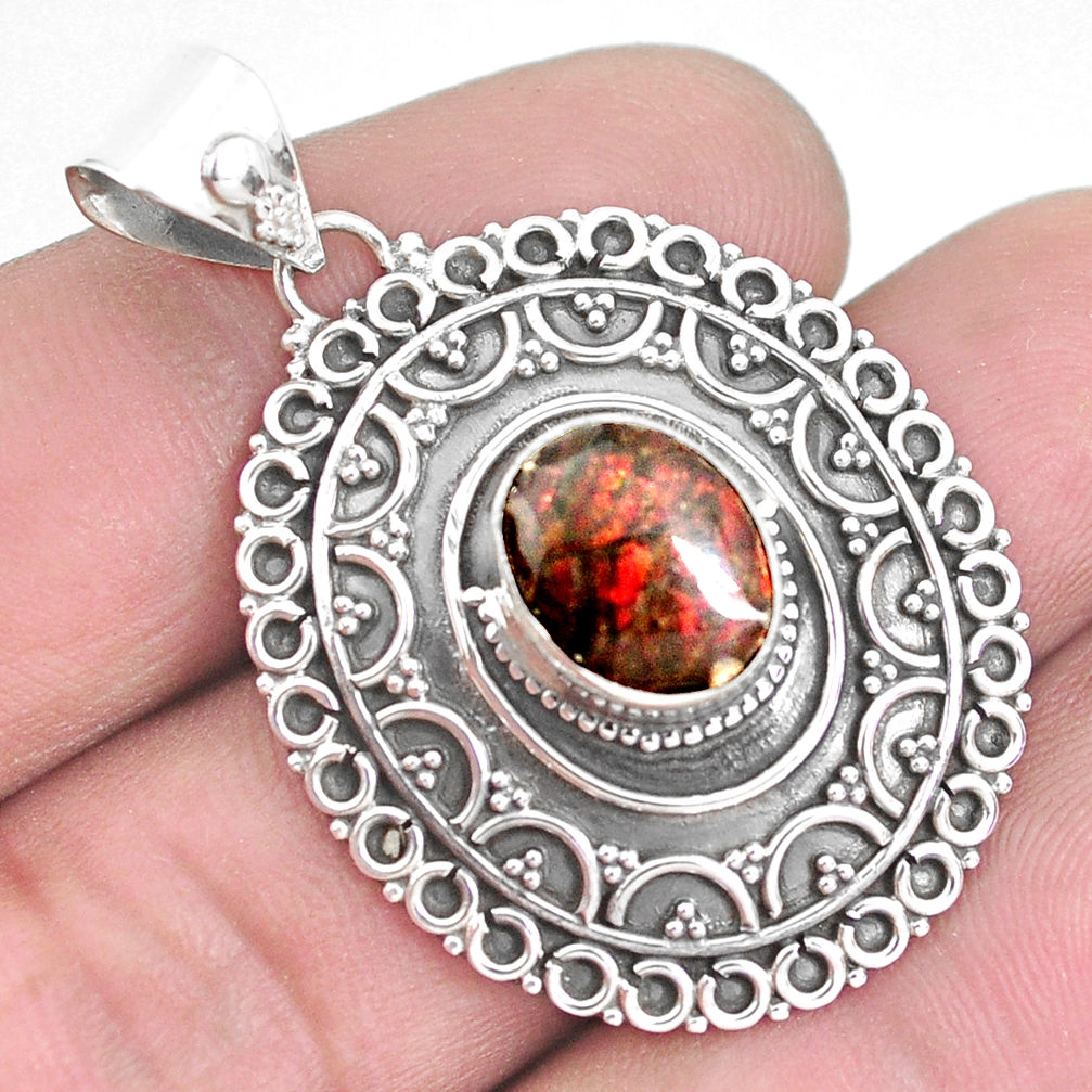 925 silver 4.21cts natural multi color ammolite (canadian) oval pendant p33597