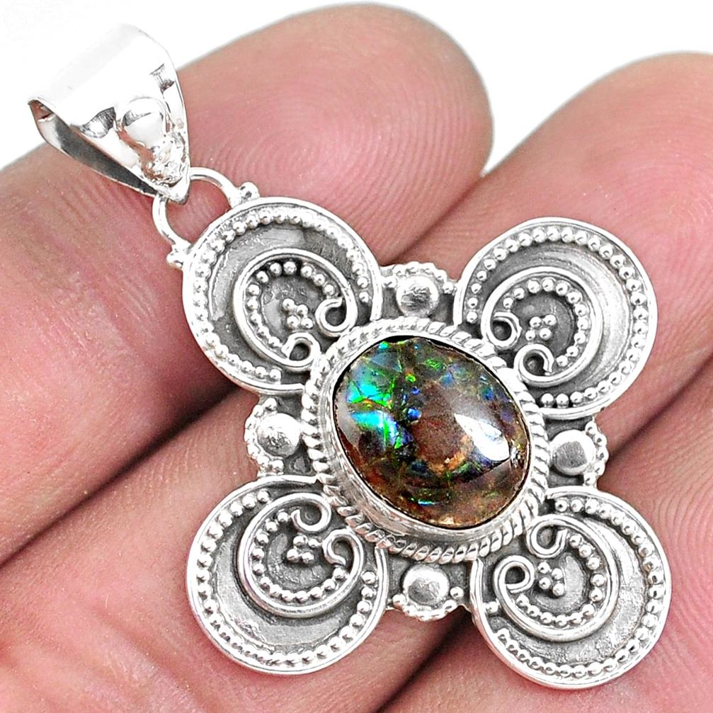 925 silver 4.21cts natural multi color ammolite (canadian) oval pendant p33600