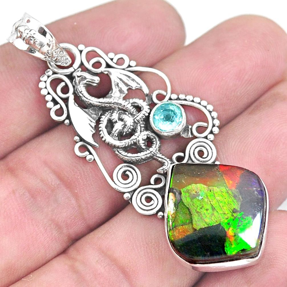 925 silver 16.09cts natural multi color ammolite dragon pendant jewelry p47763