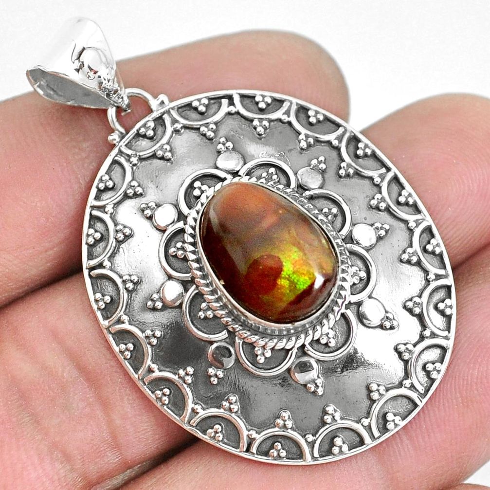 925 silver 5.24cts natural multi color mexican fire agate oval pendant p33447