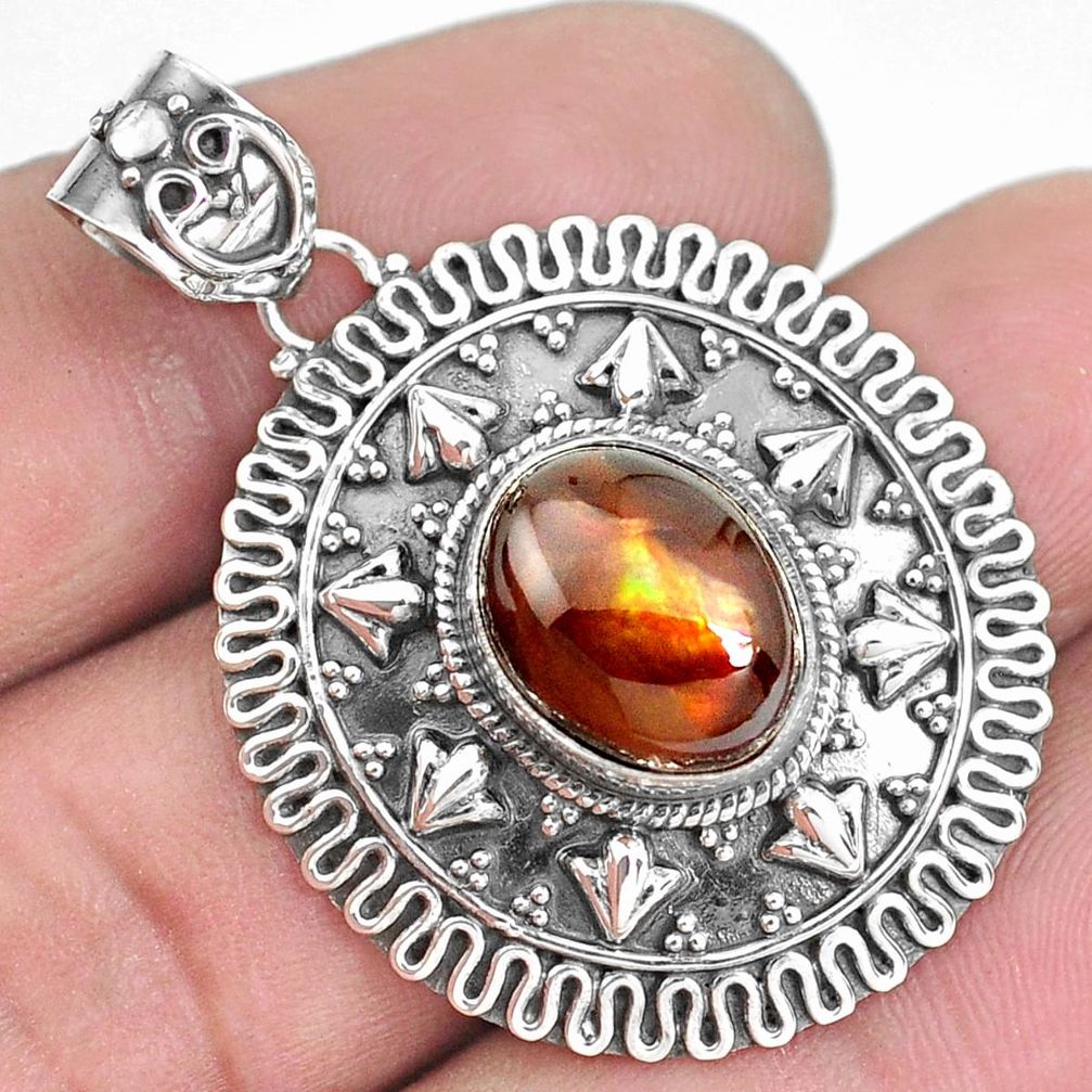 925 silver 5.30cts natural multi color mexican fire agate oval pendant p33460