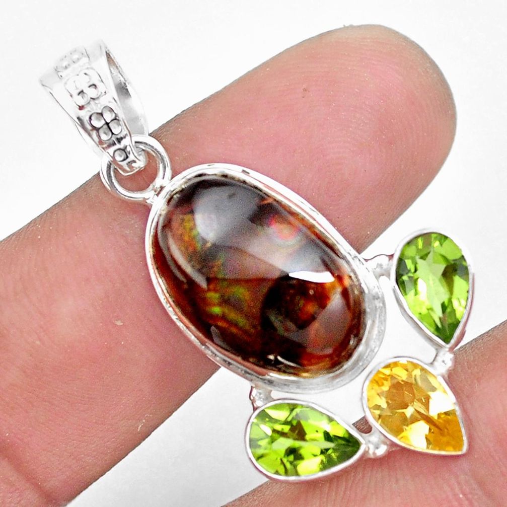 925 silver 13.77cts natural multicolor mexican fire agate peridot pendant p53990