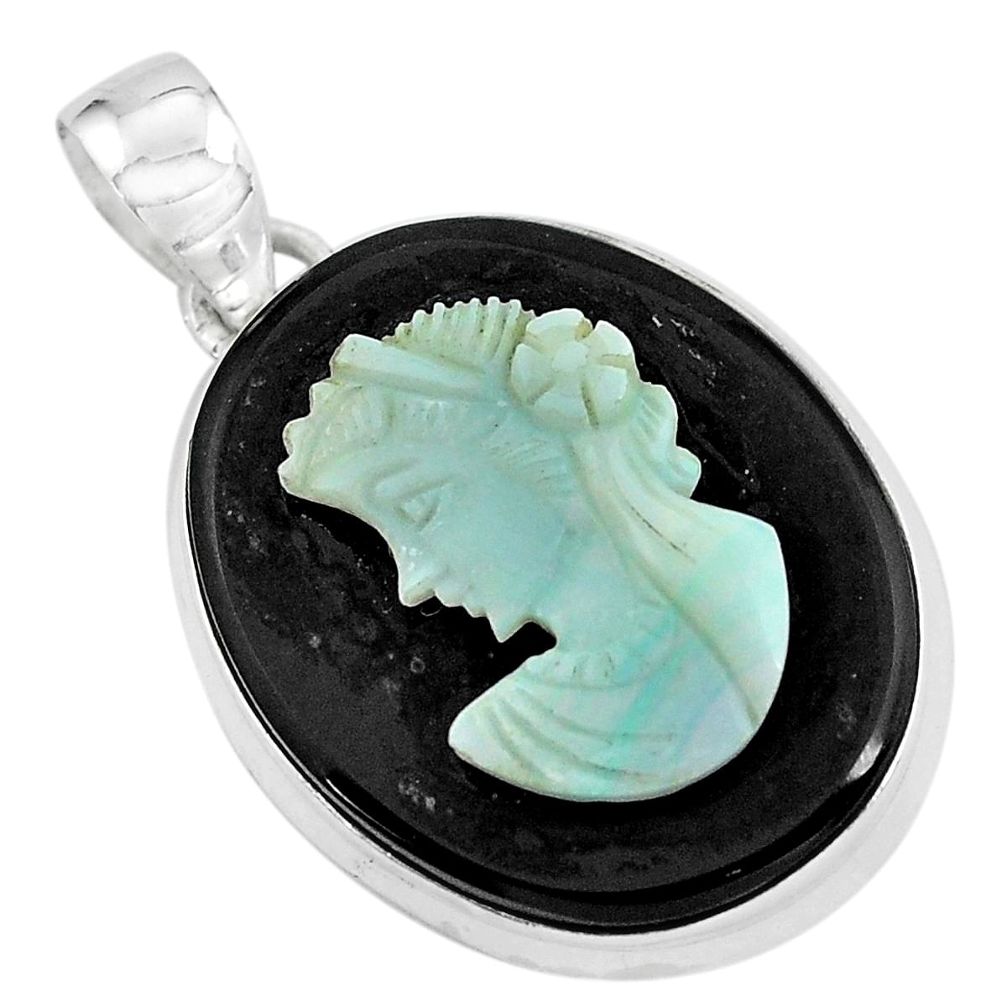 925 silver 17.18cts natural opal cameo on black onyx lady face pendant p59324