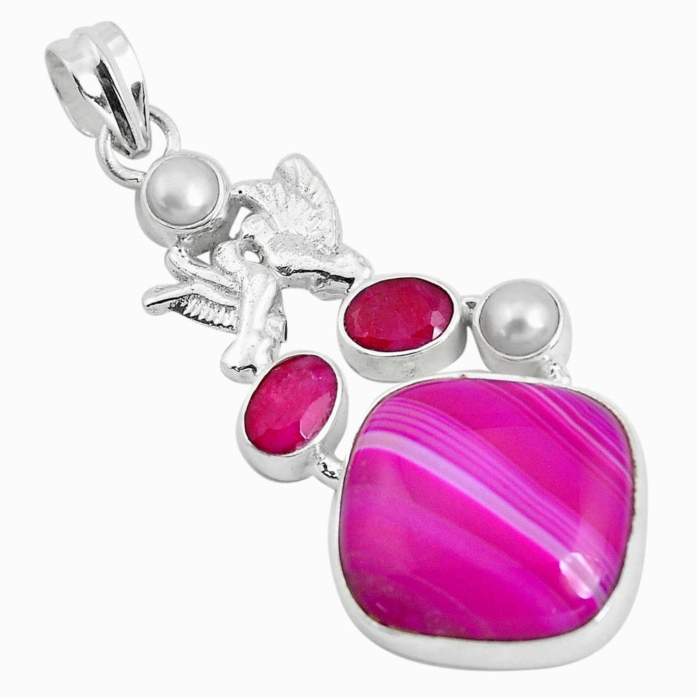 925 silver 22.75cts natural pink botswana agate ruby love birds pendant d31044