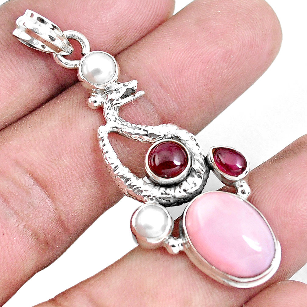 925 silver 9.72cts natural pink opal red garnet anaconda snake pendant p43264