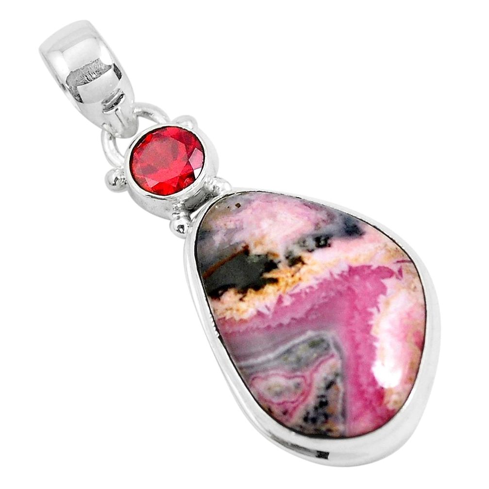 925 silver 18.70cts natural pink rhodochrosite inca rose garnet pendant d31164