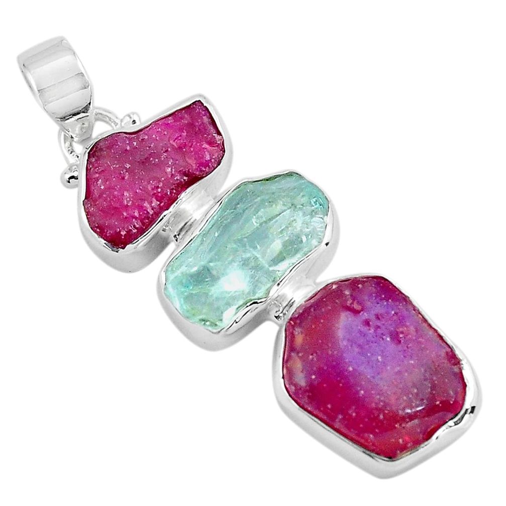 925 silver 14.45cts natural pink ruby rough aquamarine rough pendant p88137