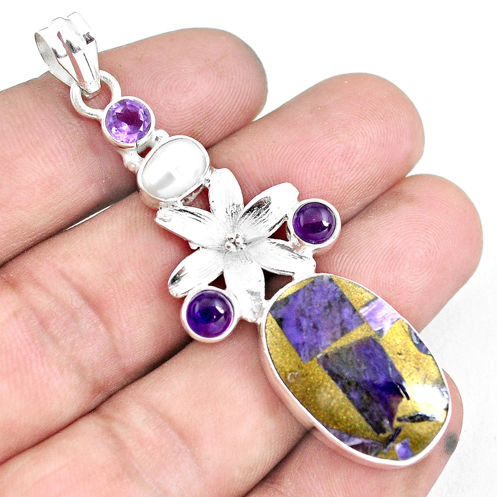 925 silver 21.67cts natural purple charoite (siberian) flower pendant d30953