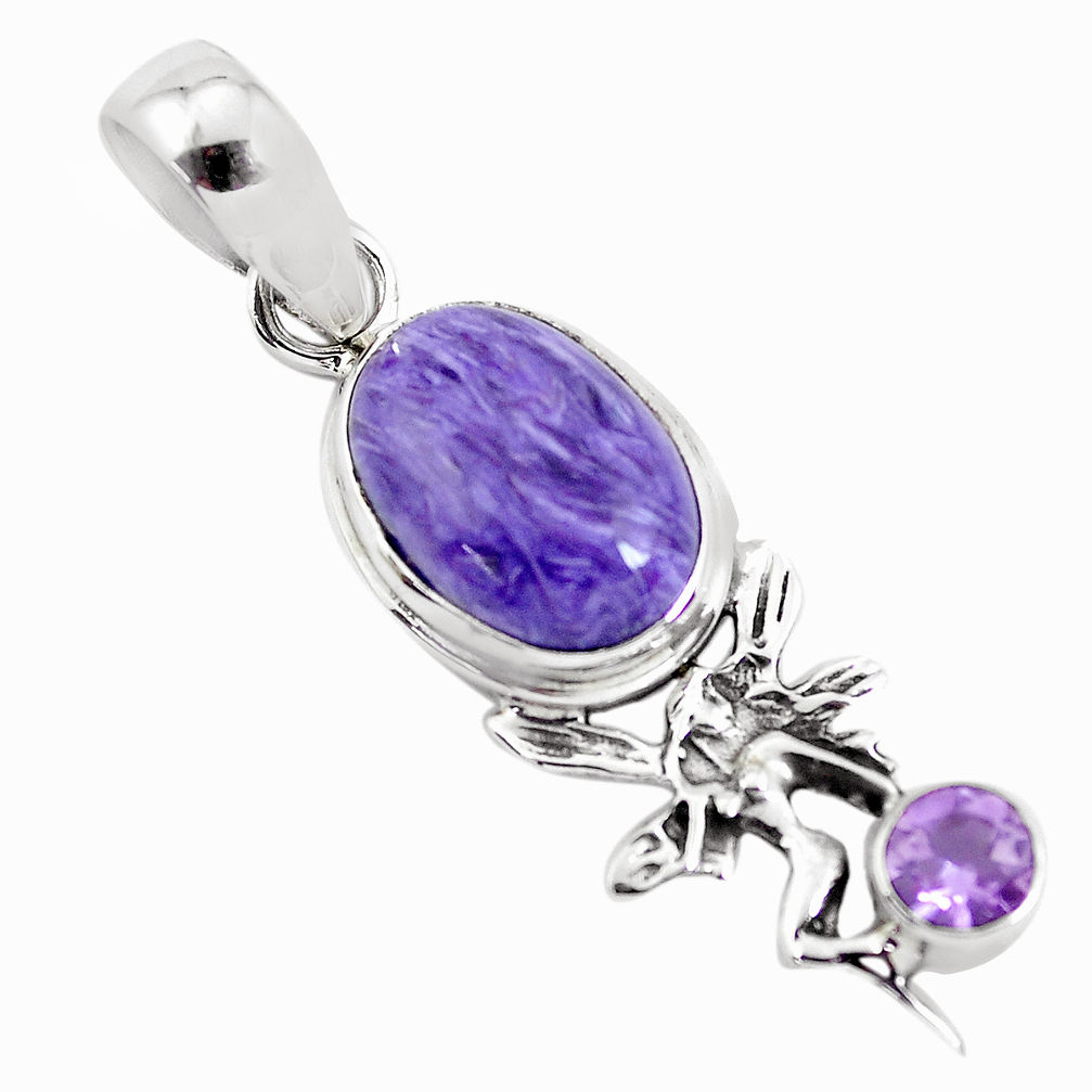 925 silver 7.04cts natural purple charoite angel wings fairy pendant p55164
