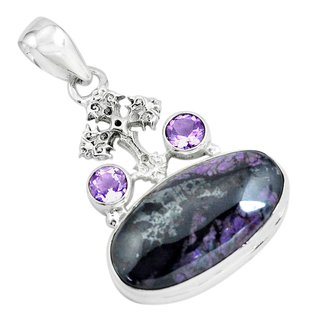 925 silver 19.00cts natural purple sugilite amethyst holy cross pendant p69580