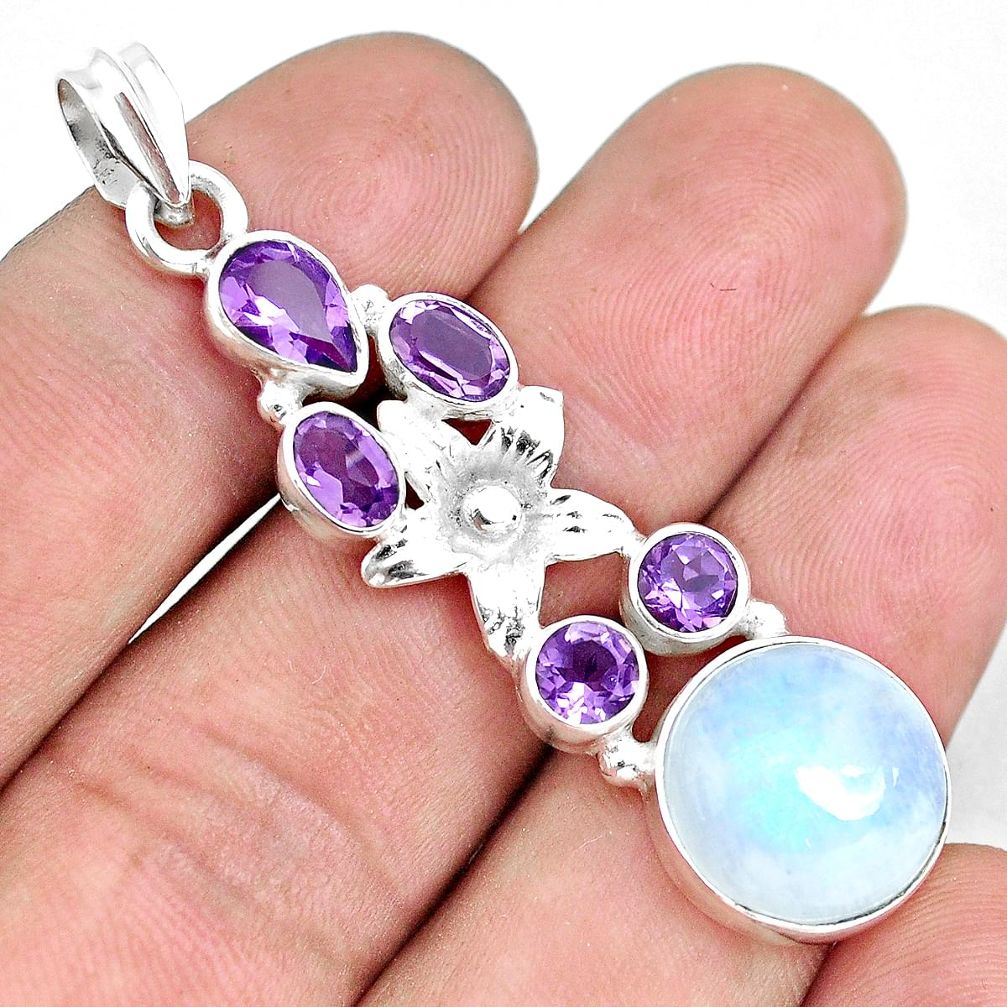 925 silver 13.77cts natural rainbow moonstone amethyst flower pendant d30976