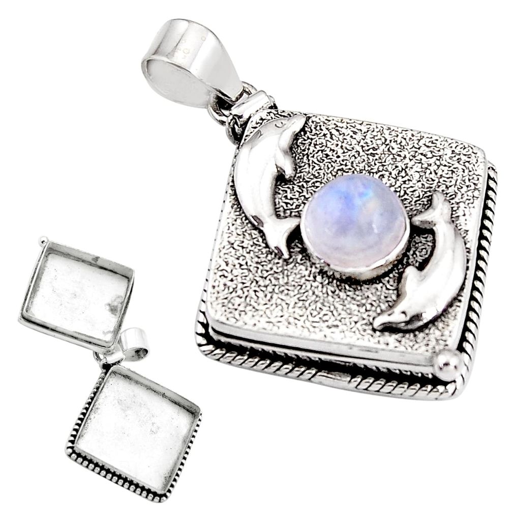 925 silver 4.56cts natural rainbow moonstone poison box dolphin pendant p92844