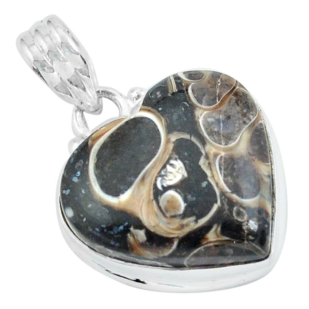 925 silver 16.70cts natural turritella fossil snail agate heart pendant p59600