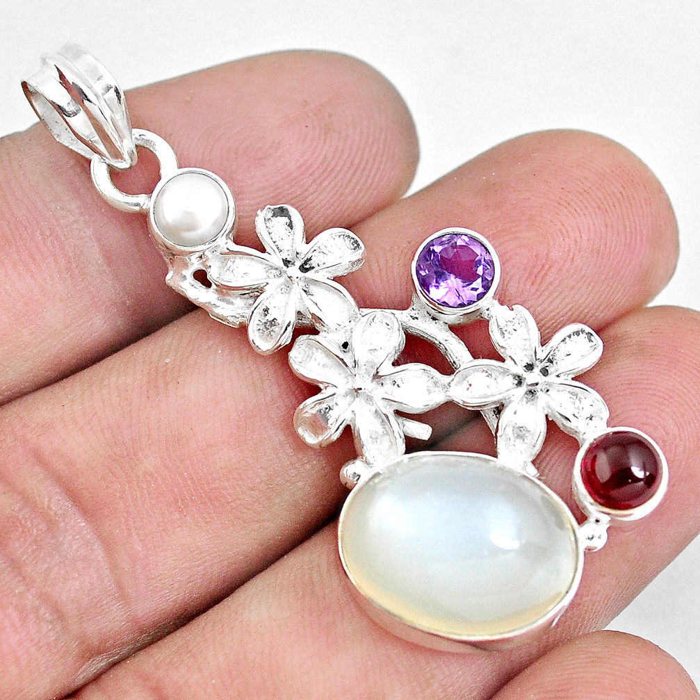 925 silver 15.64cts natural white ceylon moonstone garnet flower pendant d30999